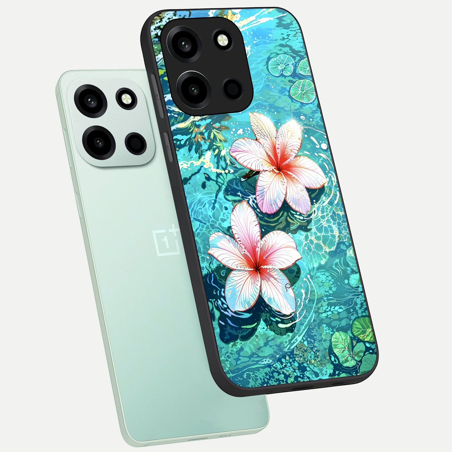 Pink Flowers in Water phone case For Oneplus Nord 6 showing premium glass back cover with detailed artwork