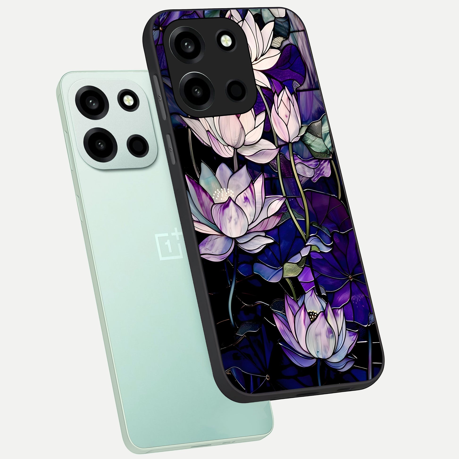  Purple Lotus Pattern phone case For Oneplus Nord 6 showing premium glass back cover with detailed artwork