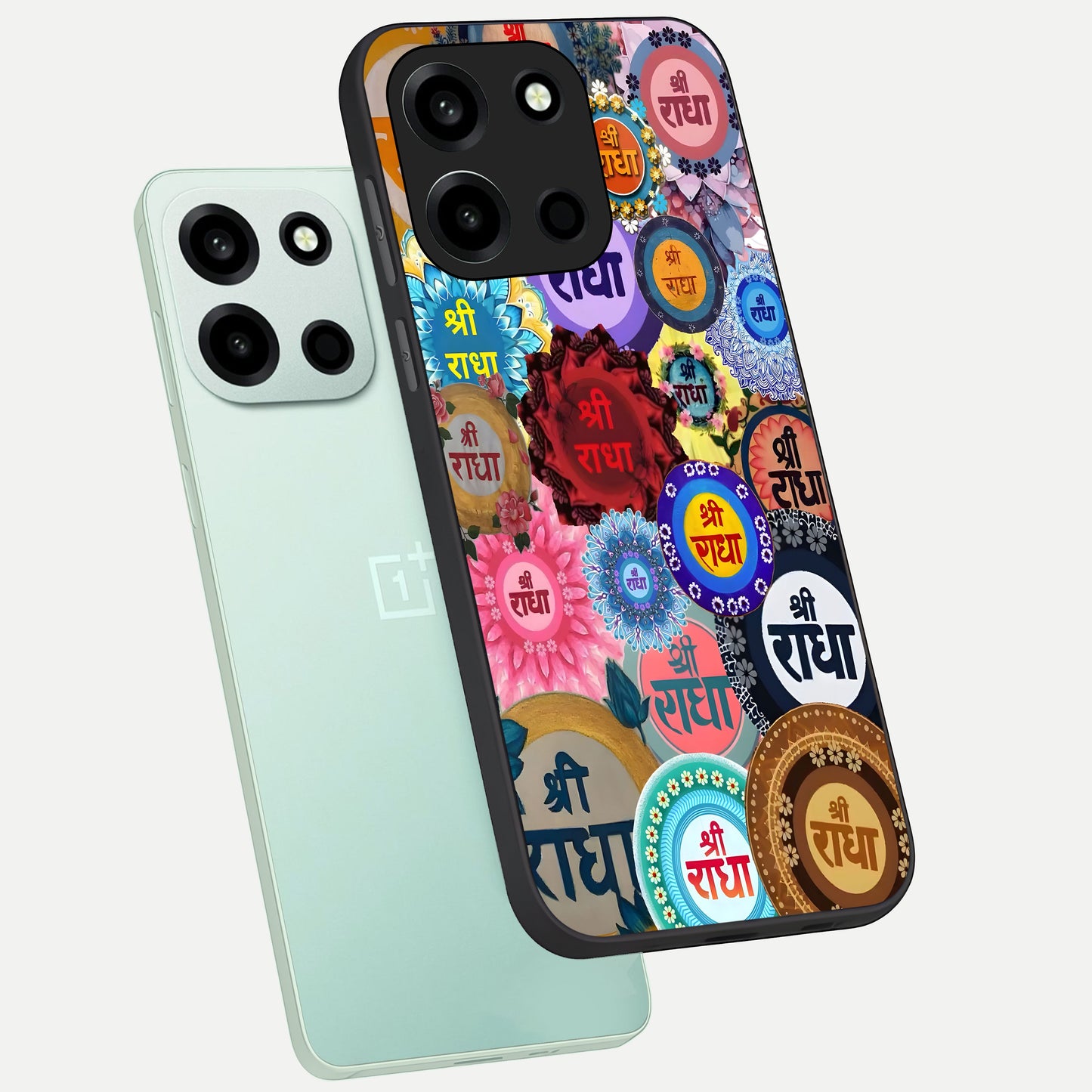  Radha Divine Bloom phone case For Oneplus Nord 6 showing premium glass back cover with detailed artwork
