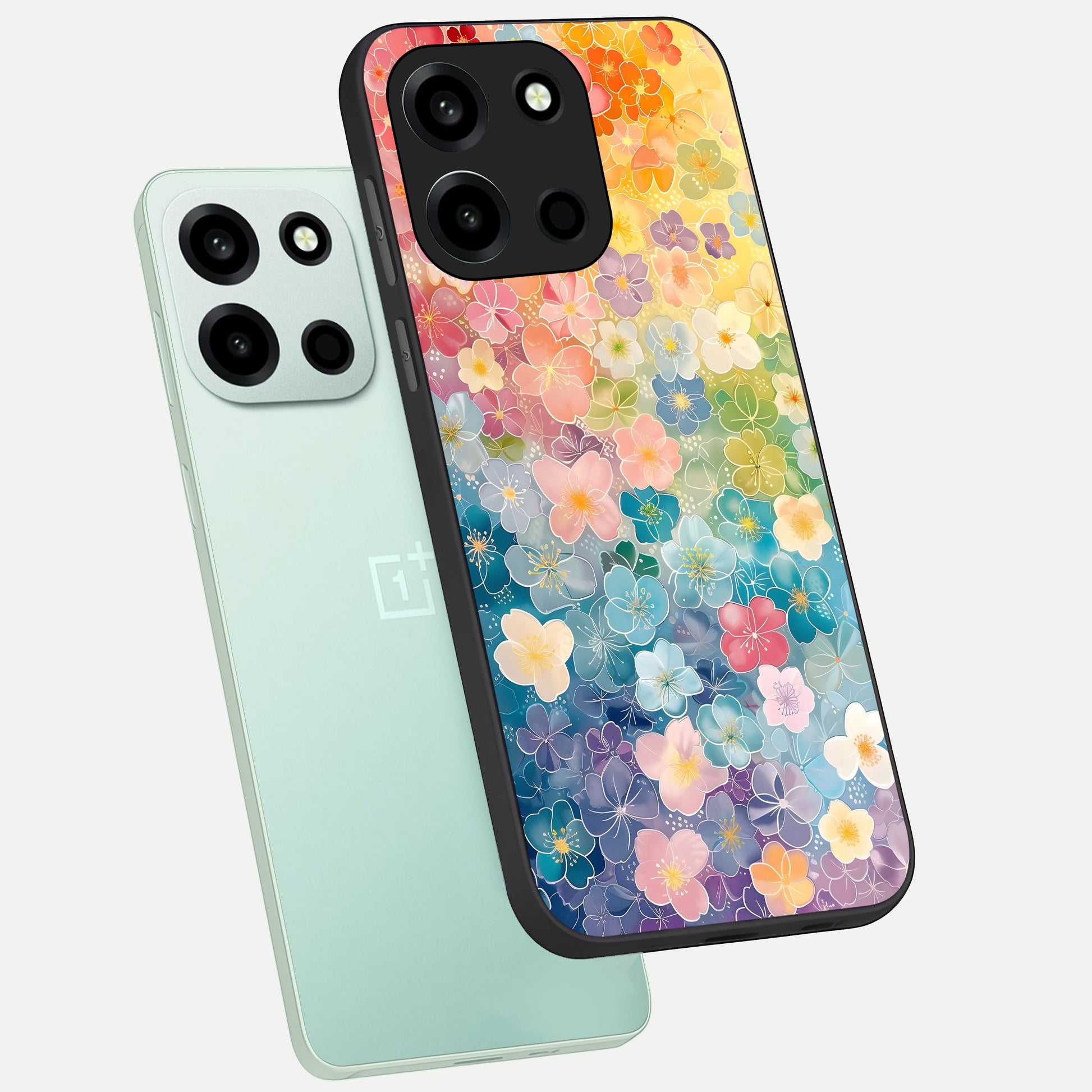  Rainbow Blossom Burst phone case For Oneplus Nord 6 showing premium glass back cover with detailed artwork