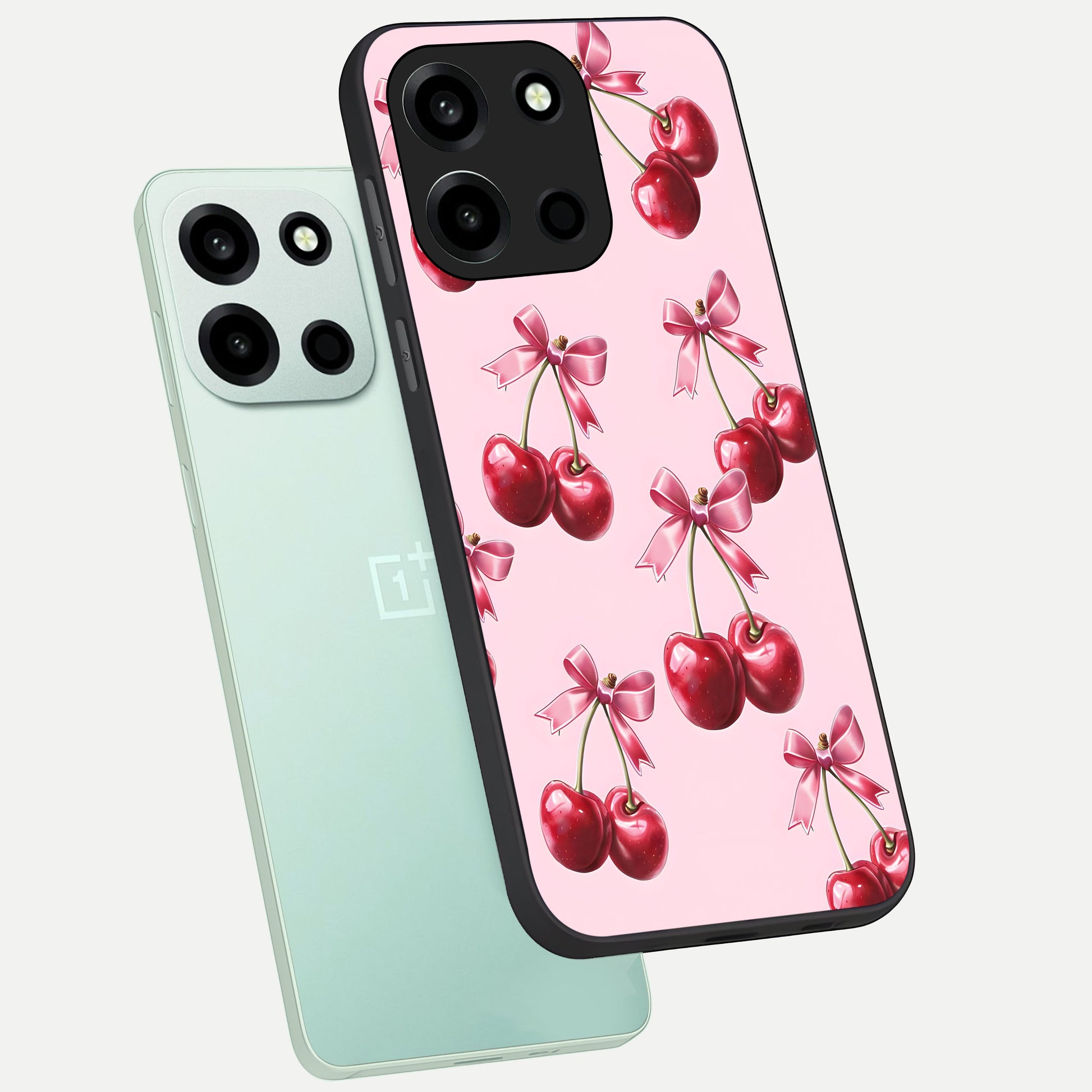  Red Cherries Pattern phone case For Oneplus Nord 6 showing premium glass back cover with detailed artwork