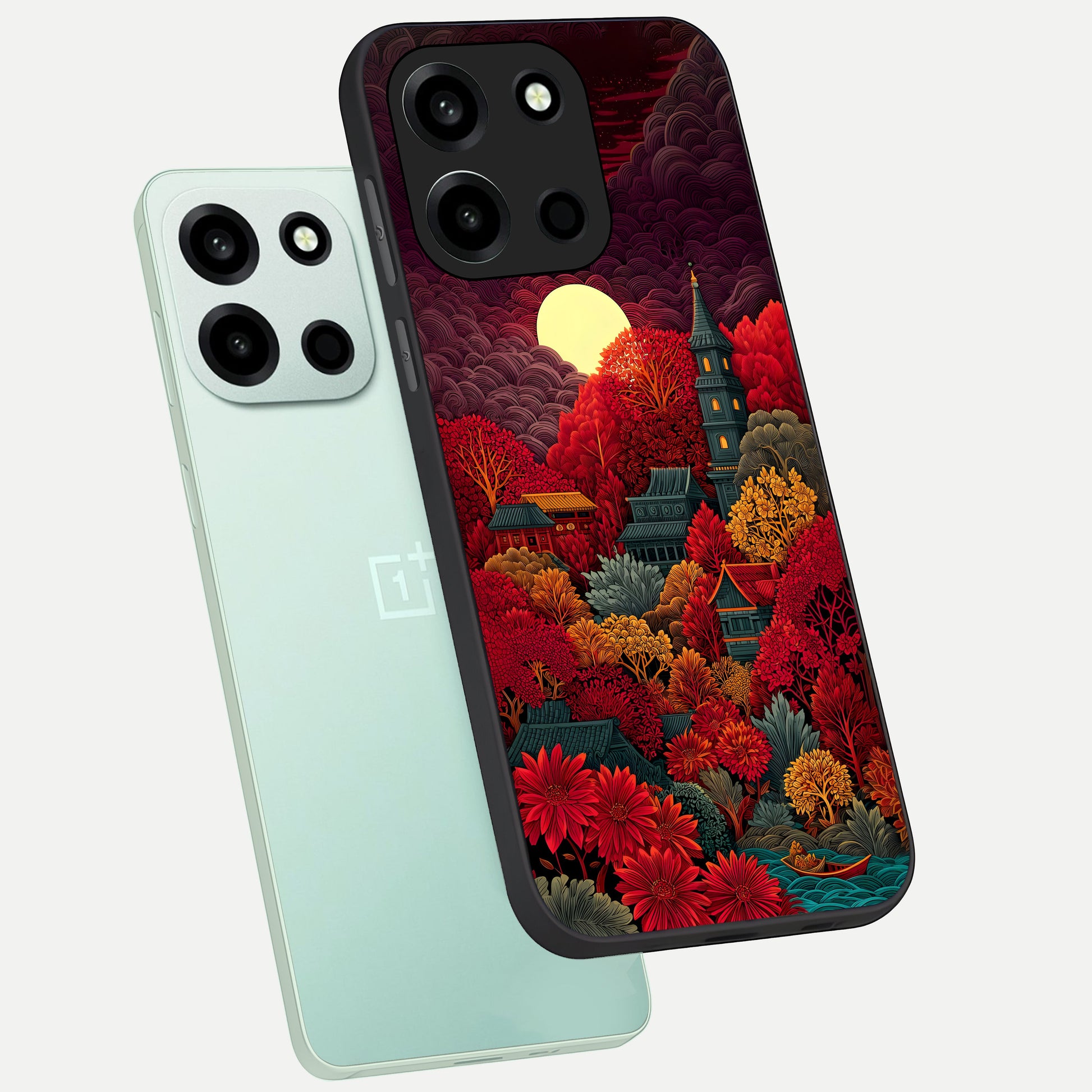  Scarlet Autumn Temple phone case For Oneplus Nord 6 showing premium glass back cover with detailed artwork