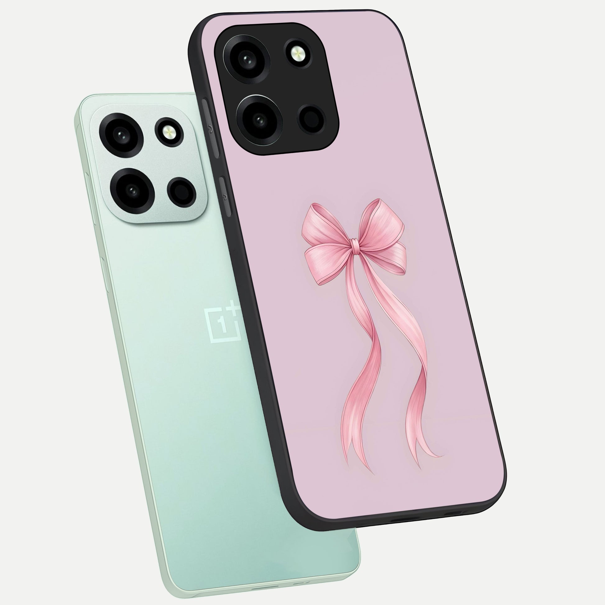  Soft Blush Bow phone case For Oneplus Nord 6 showing premium glass back cover with detailed artwork
