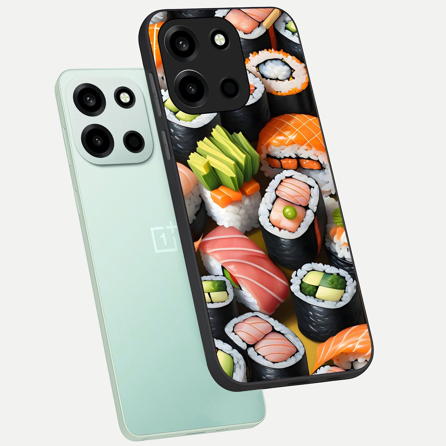  Sushi Food Pattern phone case For Oneplus Nord 6 showing premium glass back cover with detailed artwork