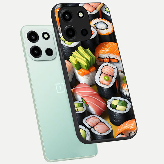  Sushi Food Pattern phone case For Oneplus Nord 6 showing premium glass back cover with detailed artwork