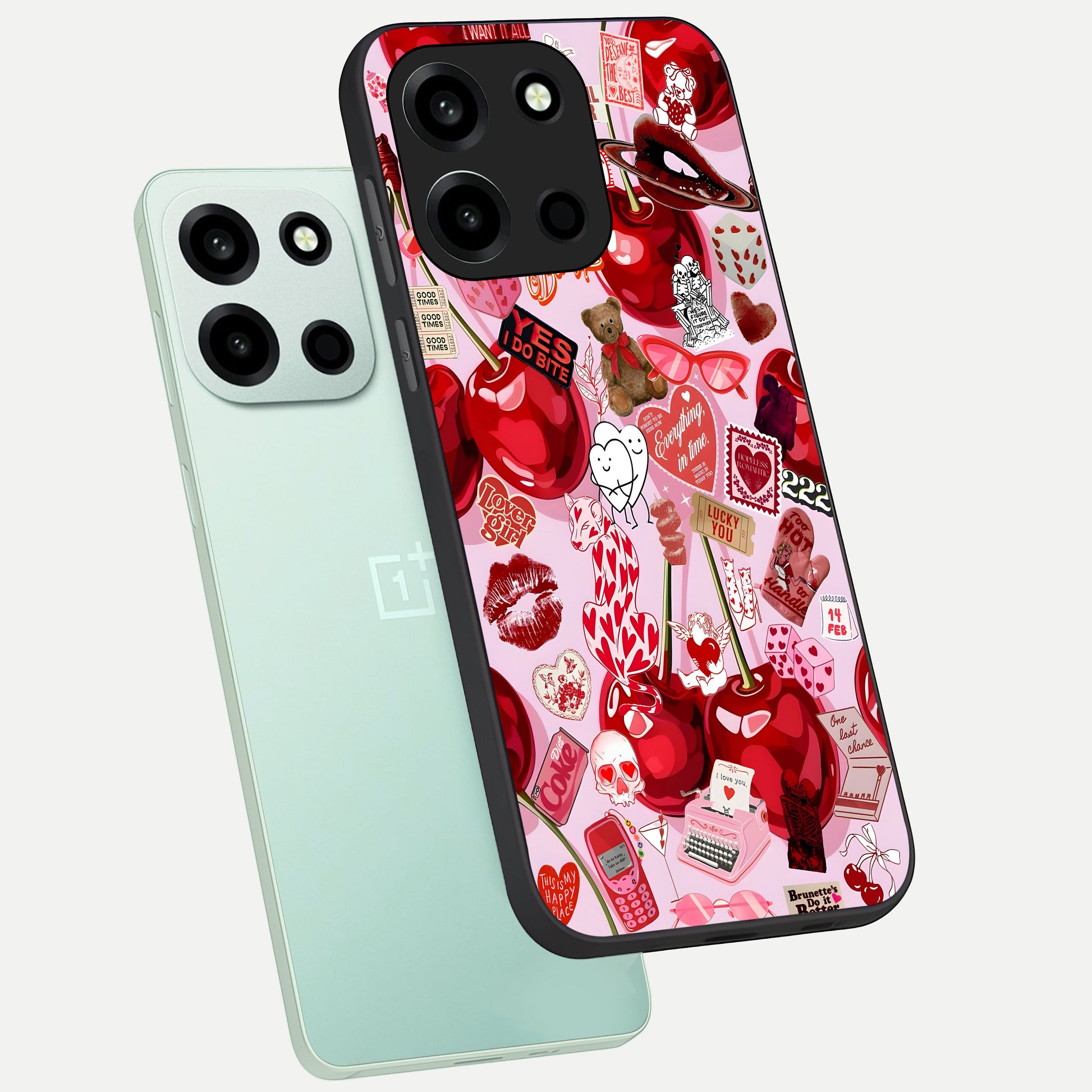  Sweet Cherry Chaos phone case For Oneplus Nord 6 showing premium glass back cover with detailed artwork