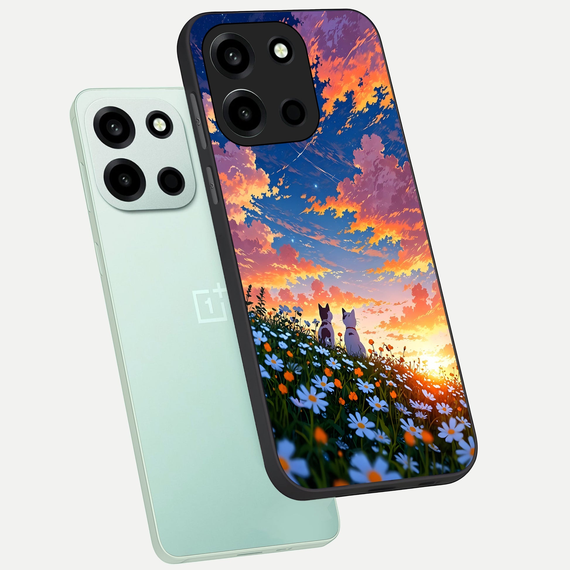  Two Cats Friends phone case For Oneplus Nord 6 showing premium glass back cover with detailed artwork
