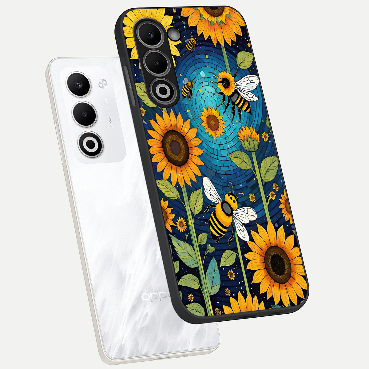  Bees And Sunflowers phone case For Oppo A5 5G showing premium glass back cover with detailed artwork