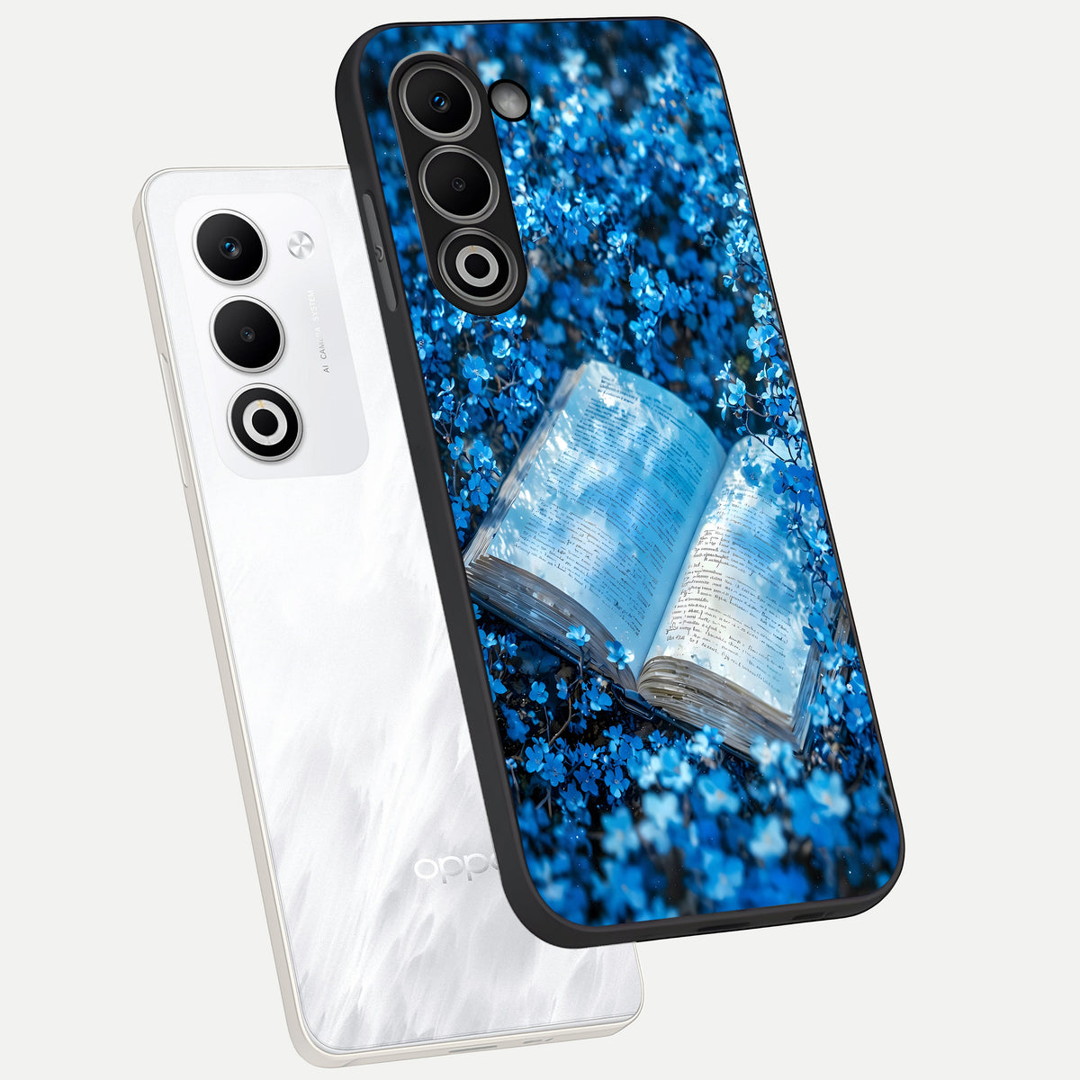  Blue Bloom Tales phone case For Oppo A5 5G showing premium glass back cover with detailed artwork