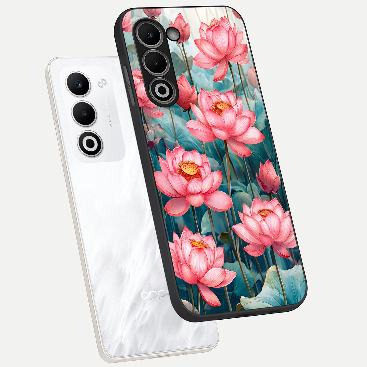  Celestial Pink Lotus phone case For Oppo A5 5G showing premium glass back cover with detailed artwork