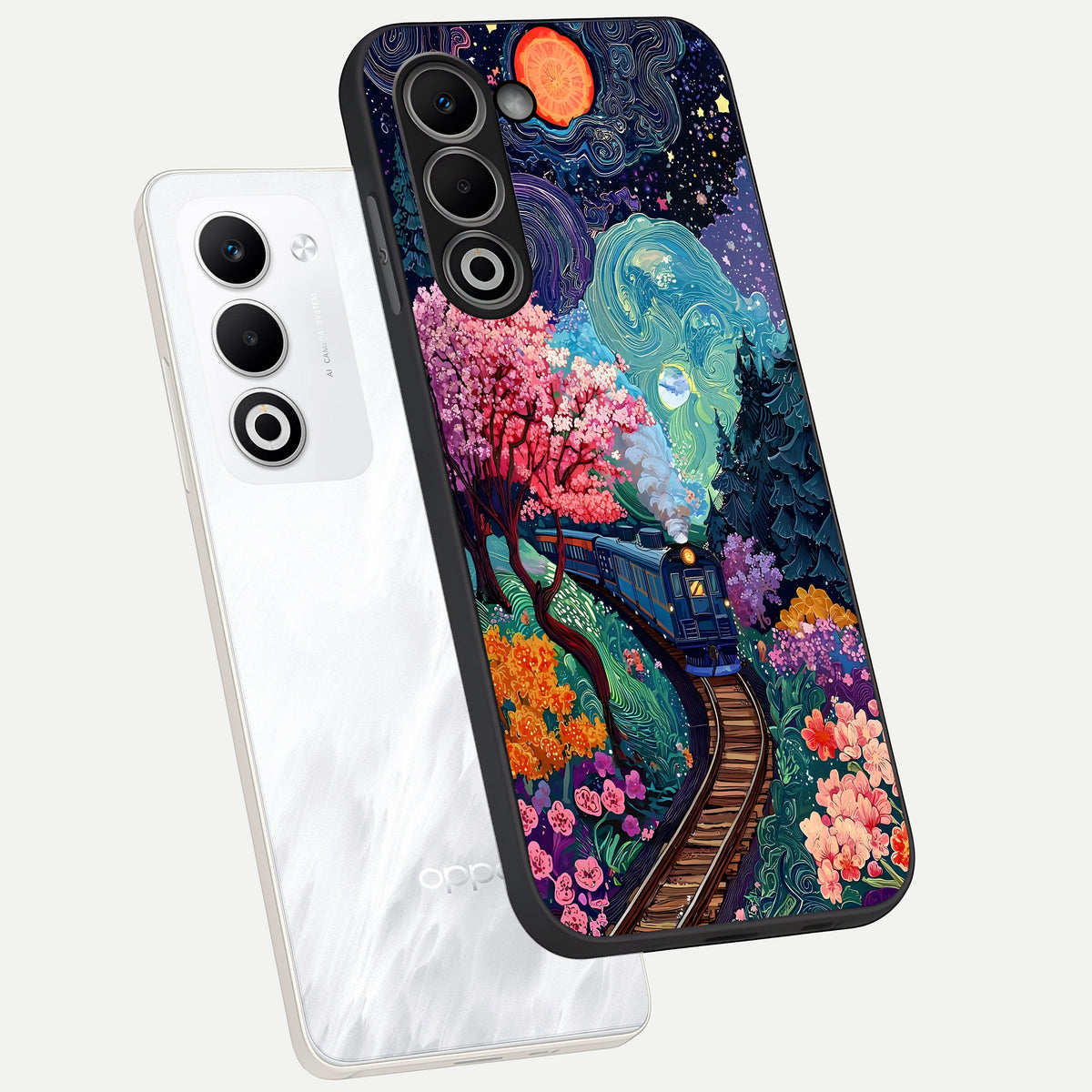  Celestial Train Journey phone case For Oppo A5 5G showing premium glass back cover with detailed artwork