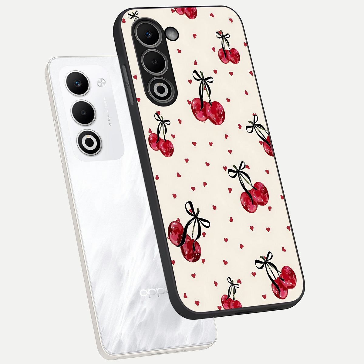  Cherry Heart Bow phone case For Oppo A5 5G showing premium glass back cover with detailed artwork