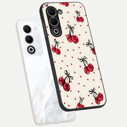  Cherry Heart Bow phone case For Oppo A5 5G showing premium glass back cover with detailed artwork