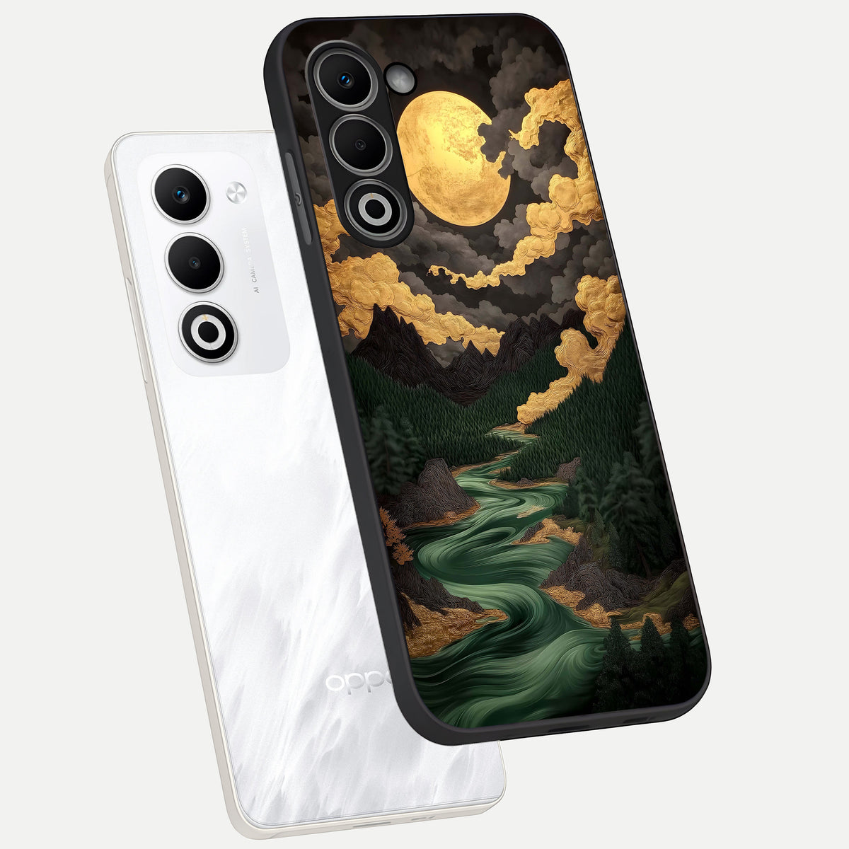  Golden River Moon phone case For Oppo A5 5G showing premium glass back cover with detailed artwork