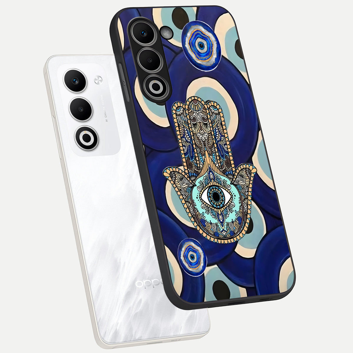  Hamsa Divine Guard phone case For Oppo A5 5G showing premium glass back cover with detailed artwork