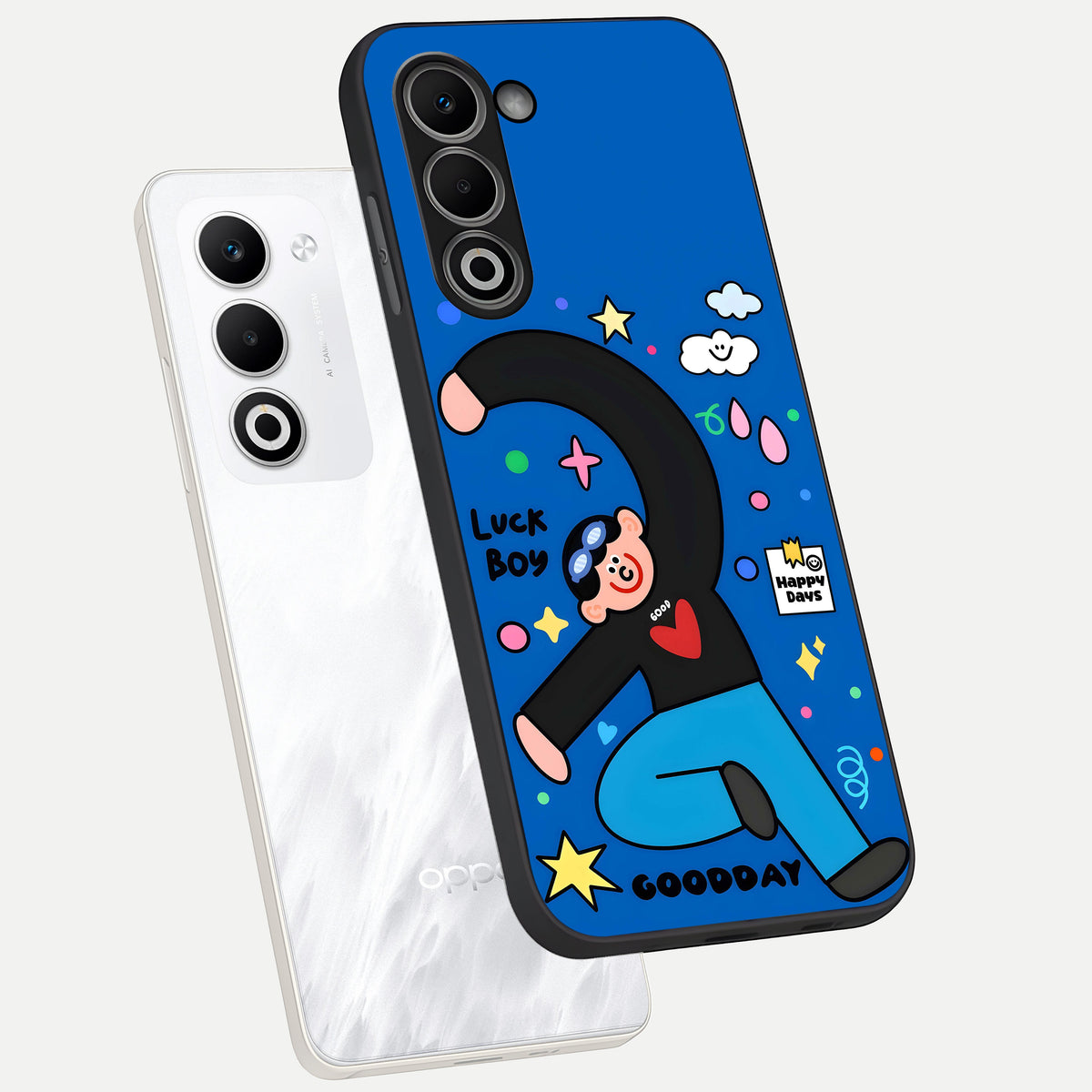  Happy Luck Vibe phone case For Oppo A5 5G showing premium glass back cover with detailed artwork