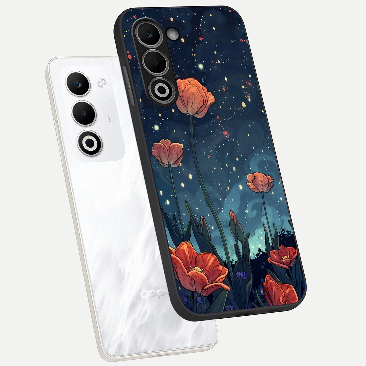  Midnight Tulip Glow phone case For Oppo A5 5G showing premium glass back cover with detailed artwork