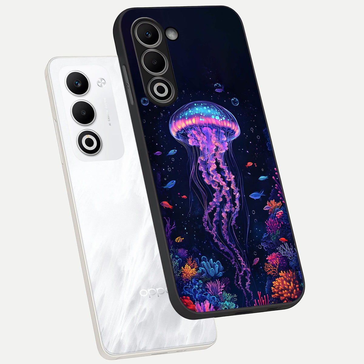  Neon Jellyfish phone case For Oppo A5 5G showing premium glass back cover with detailed artwork