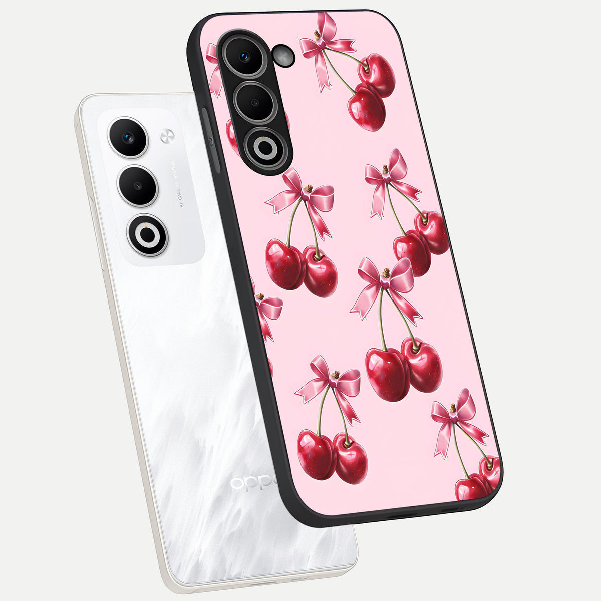  Red Cherries Pattern phone case For Oppo A5 5G showing premium glass back cover with detailed artwork