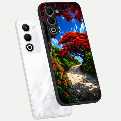  Red Trees Pathway phone case For Oppo A5 5G showing premium glass back cover with detailed artwork