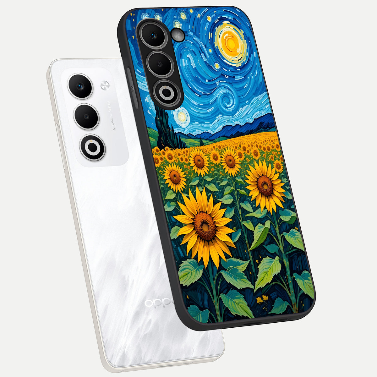  Starry Sunflower Dreams phone case For Oppo A5 5G showing premium glass back cover with detailed artwork