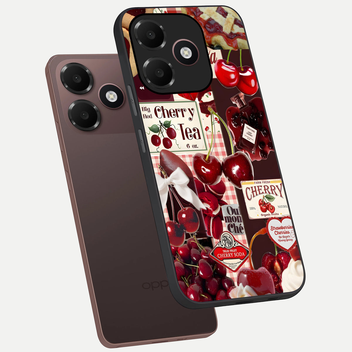  Aesthetic Cherry Tea phone case For Oppo A6C 5G showing premium glass back cover with detailed artwork
