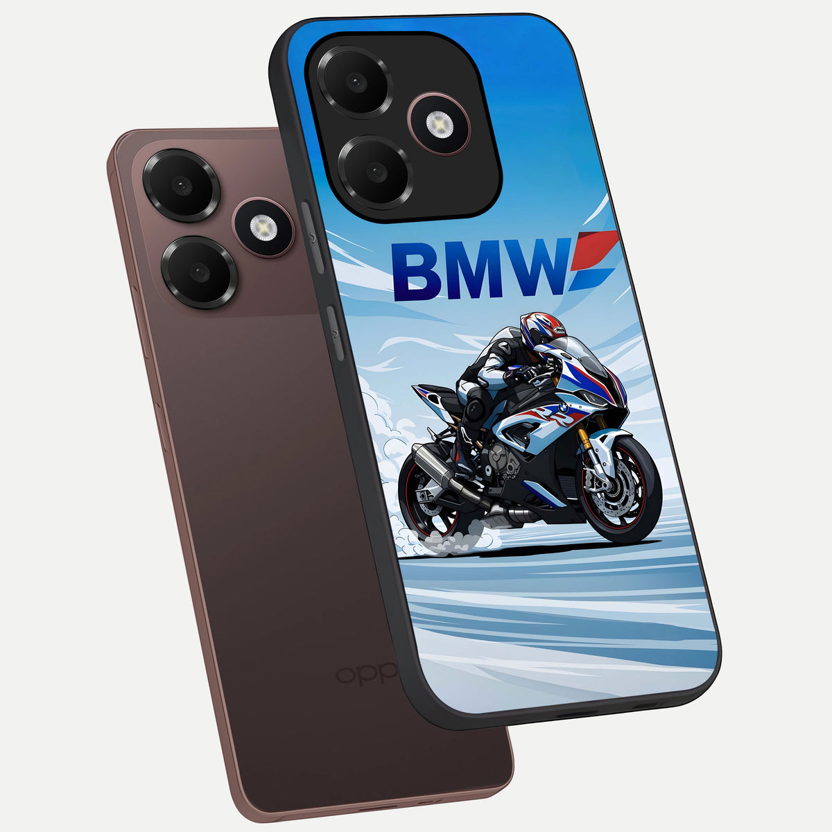  BMW Power Drift phone case For Oppo A6C 5G showing premium glass back cover with detailed artwork