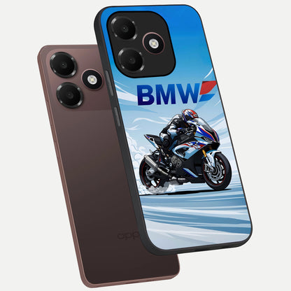  BMW Power Drift phone case For Oppo A6C 5G showing premium glass back cover with detailed artwork