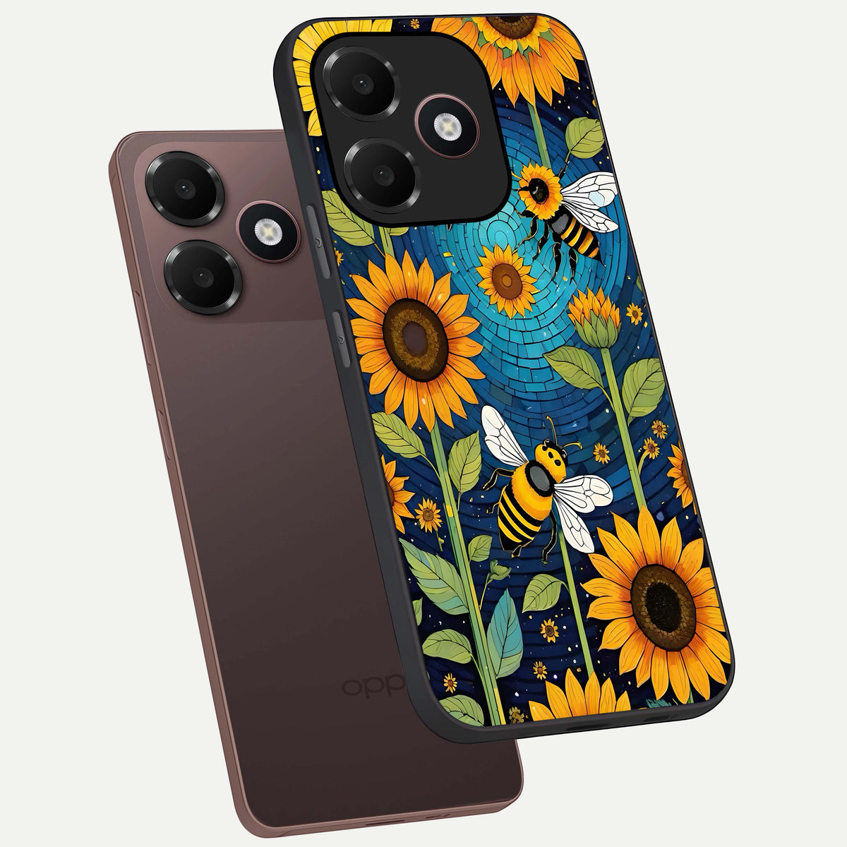  Bees And Sunflowers phone case For Oppo A6C 5G showing premium glass back cover with detailed artwork