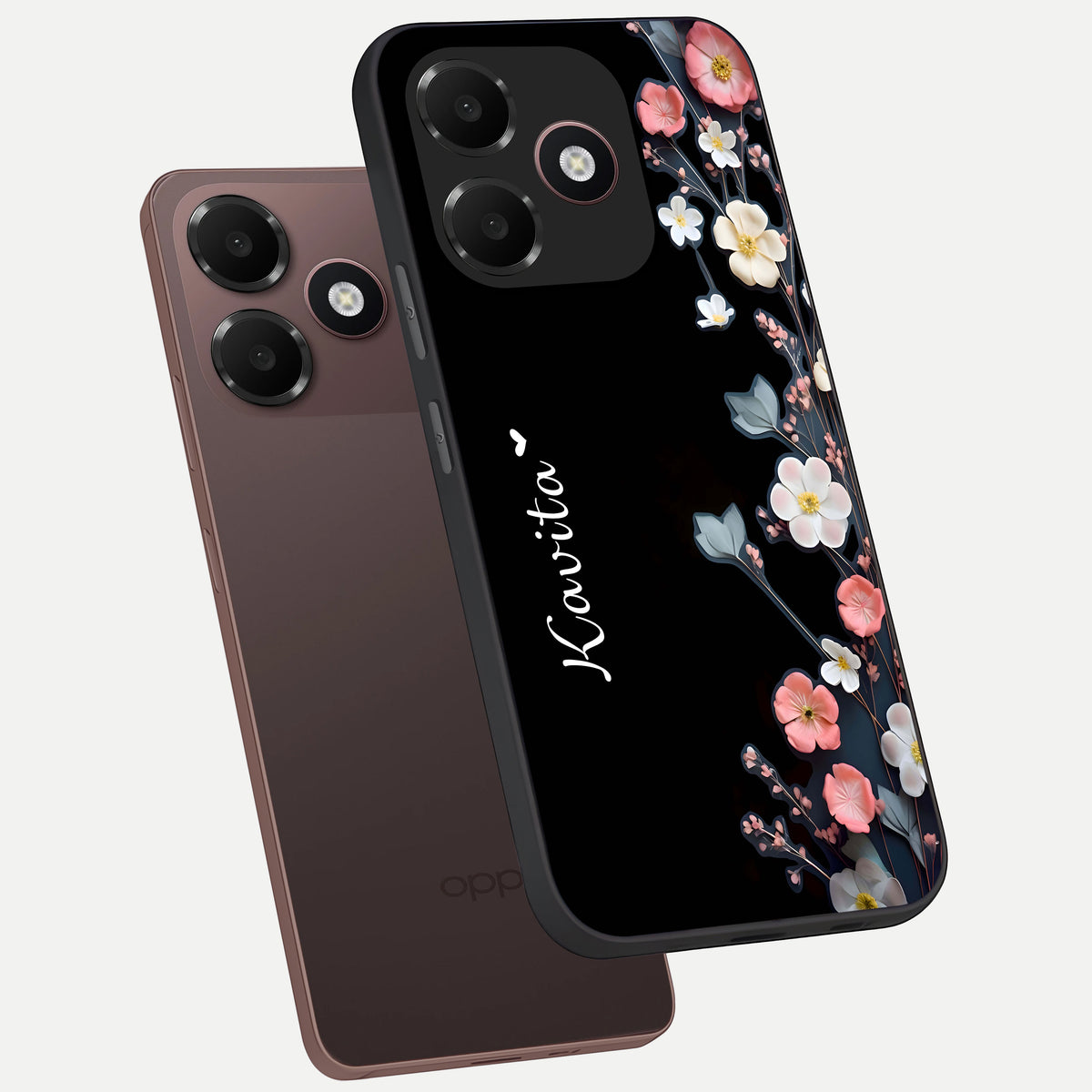  Black Elegance Floral Custom Name phone case For Oppo A6C 5G showing premium glass back cover with detailed artwork