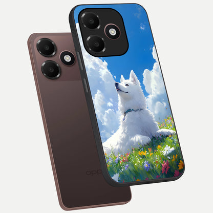  Blissful Cloud Pup phone case For Oppo A6C 5G showing premium glass back cover with detailed artwork
