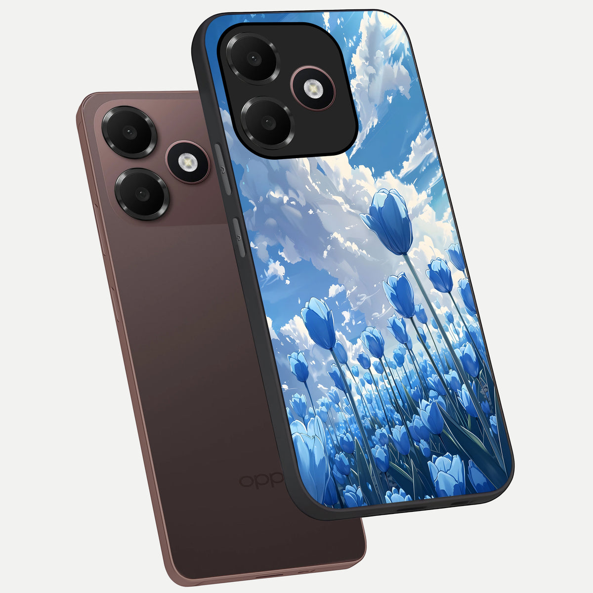  Blue Tulip Clouds phone case For Oppo A6C 5G showing premium glass back cover with detailed artwork