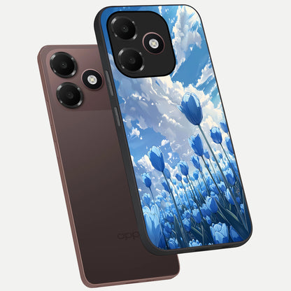  Blue Tulip Clouds phone case For Oppo A6C 5G showing premium glass back cover with detailed artwork