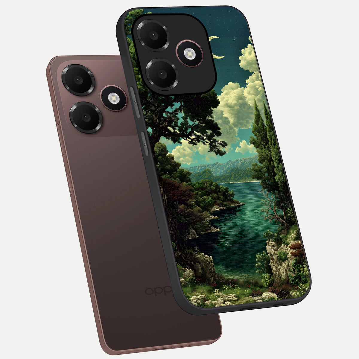  Celestial Lake Peace phone case For Oppo A6C 5G showing premium glass back cover with detailed artwork
