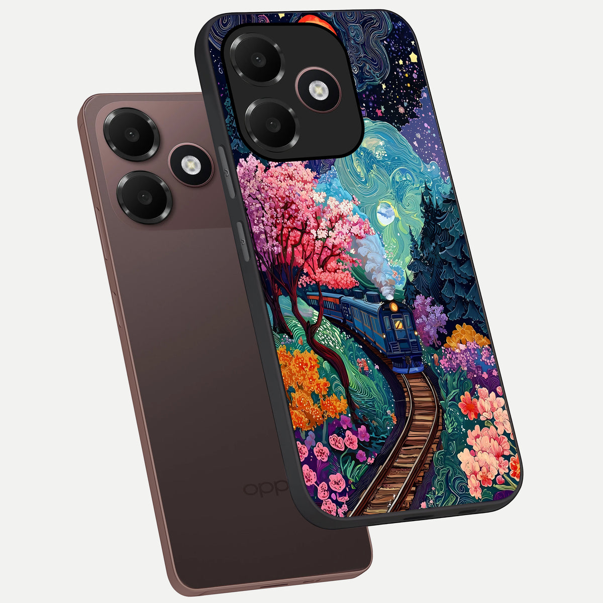  Celestial Train Journey phone case For Oppo A6C 5G showing premium glass back cover with detailed artwork