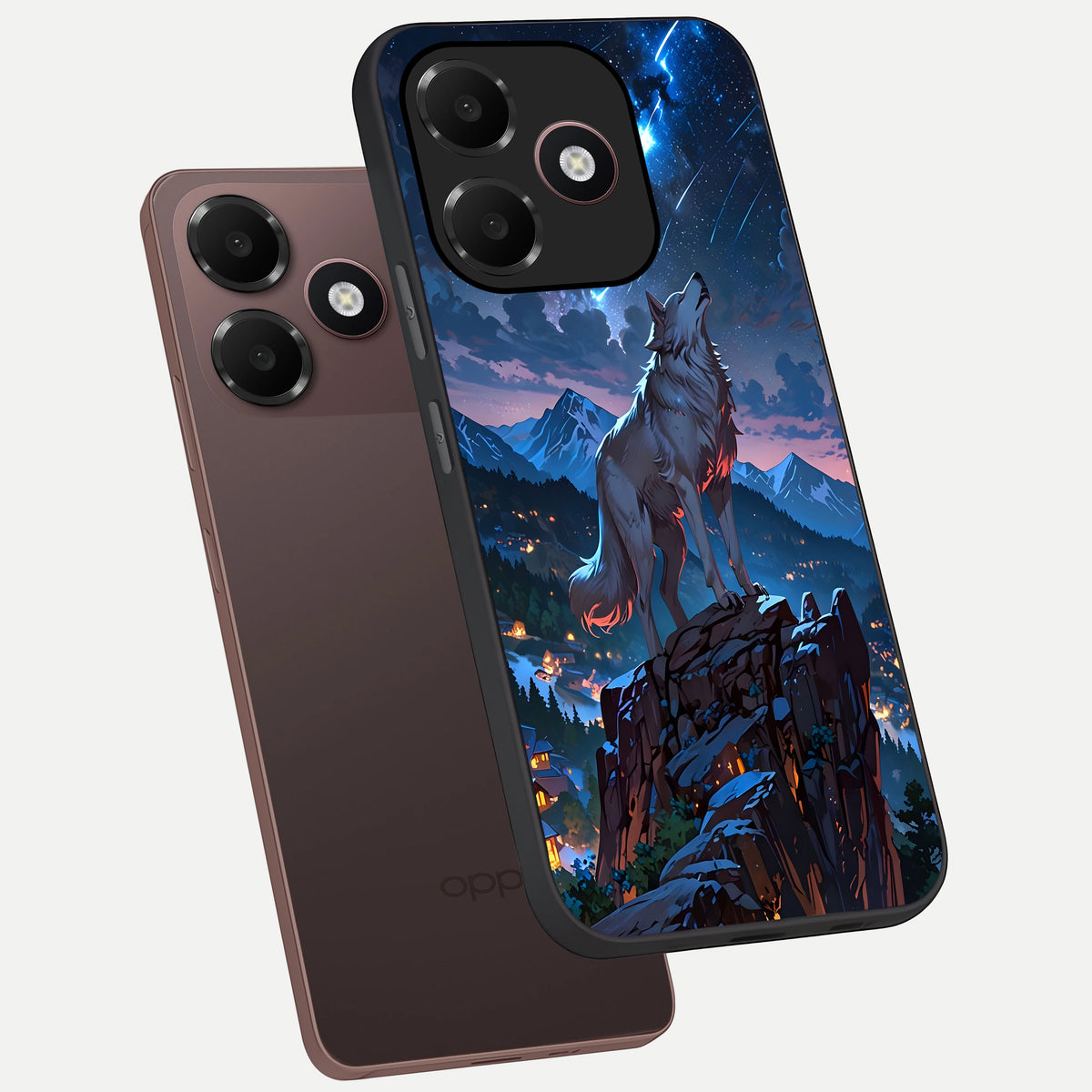  Celestial Wolf Howl phone case For Oppo A6C 5G showing premium glass back cover with detailed artwork