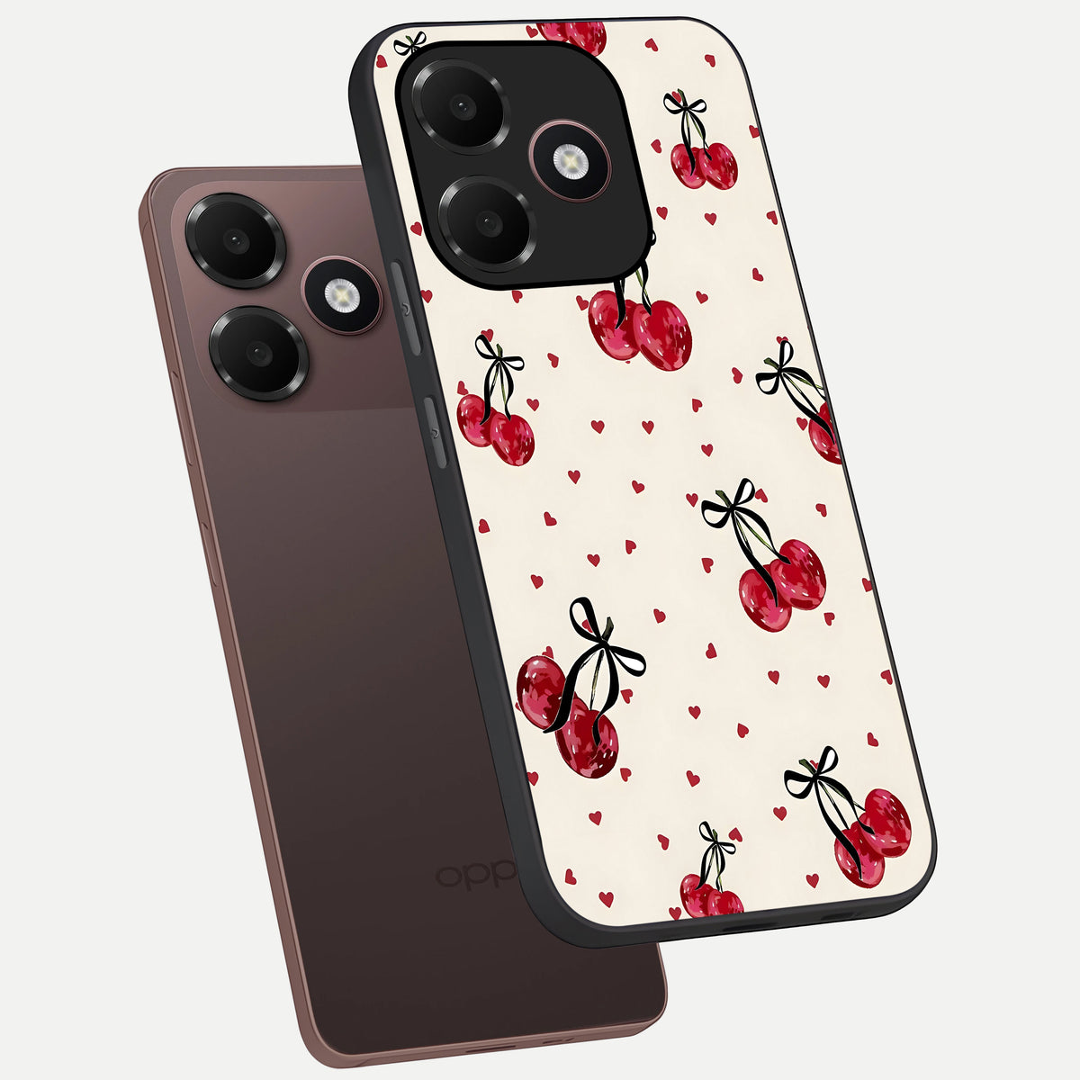 Cherry Heart Bow phone case For Oppo A6C 5G showing premium glass back cover with detailed artwork