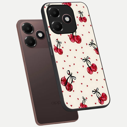  Cherry Heart Bow phone case For Oppo A6C 5G showing premium glass back cover with detailed artwork