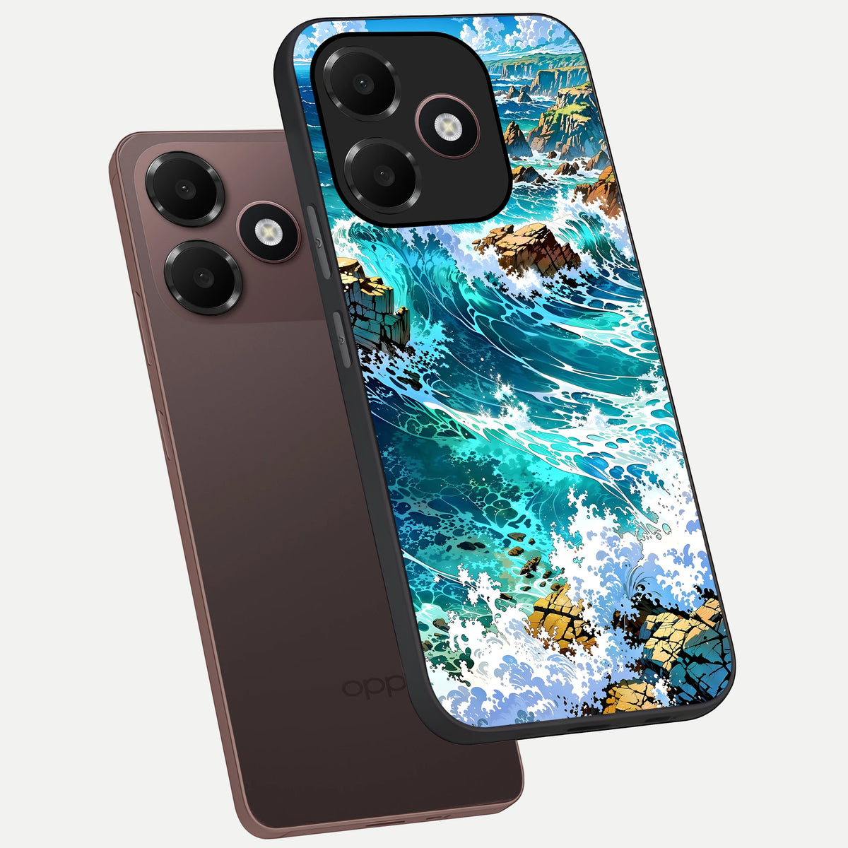  Coastal Blue Waves phone case For Oppo A6C 5G showing premium glass back cover with detailed artwork