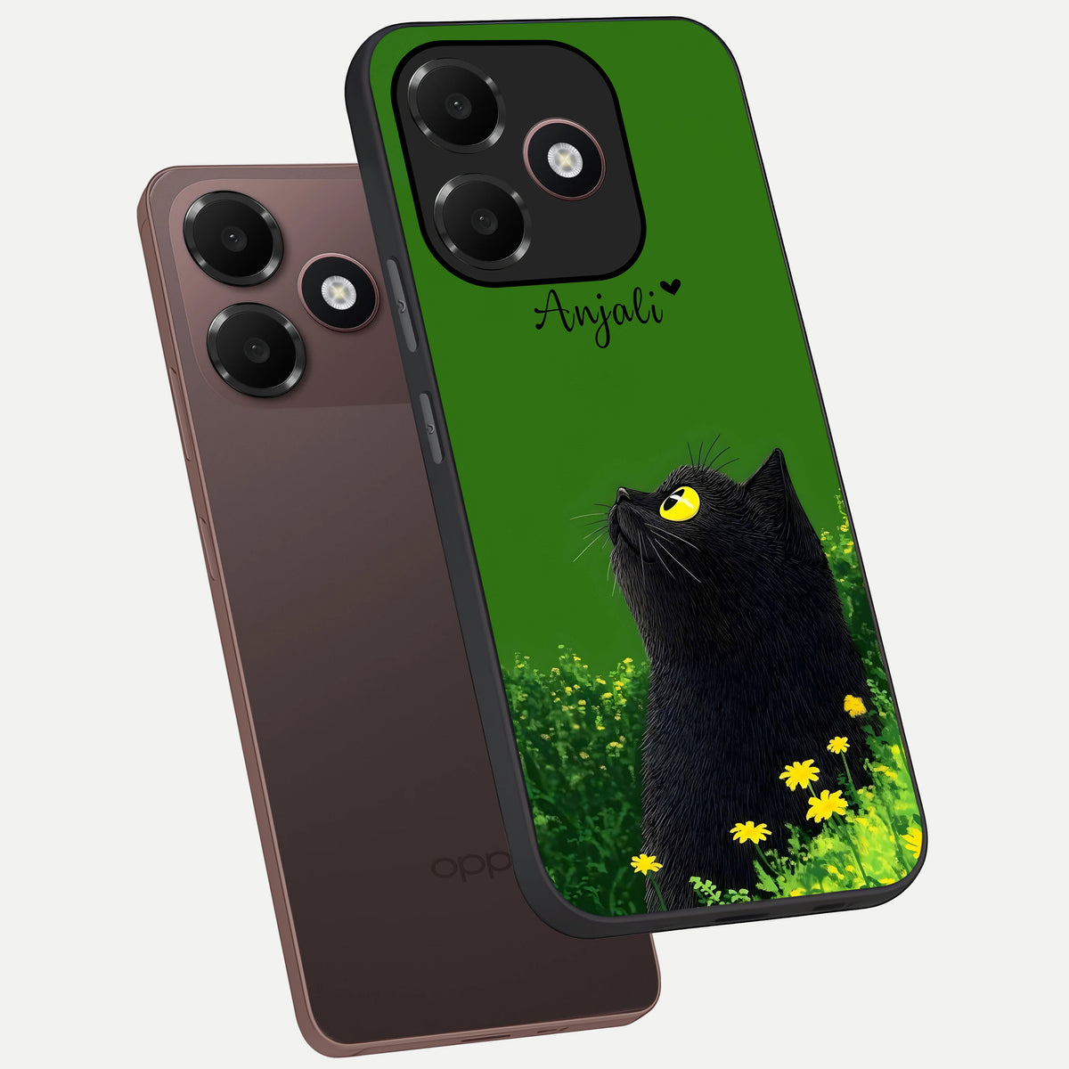  Emerald Cat Custom Name phone case For Oppo A6C 5G showing premium glass back cover with detailed artwork