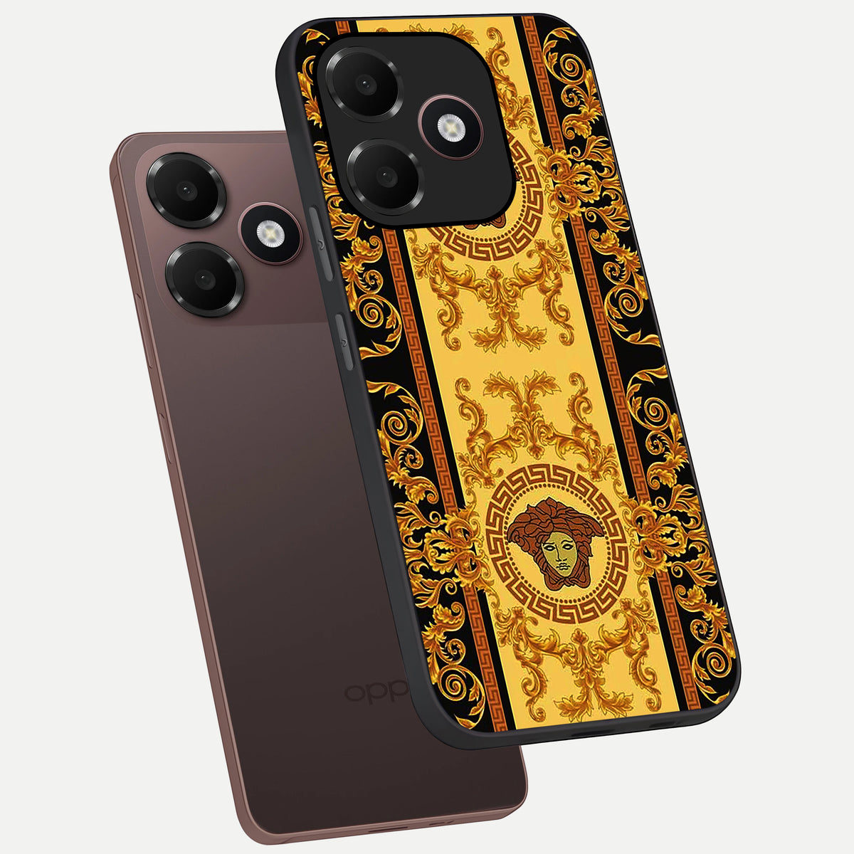  Golden Royal Heritage phone case For Oppo A6C 5G showing premium glass back cover with detailed artwork