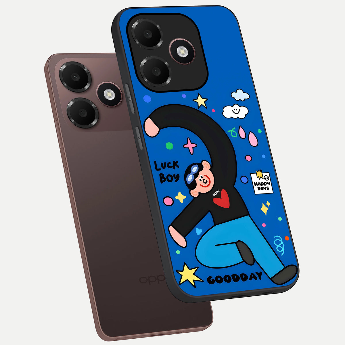  Happy Luck Vibe phone case For Oppo A6C 5G showing premium glass back cover with detailed artwork