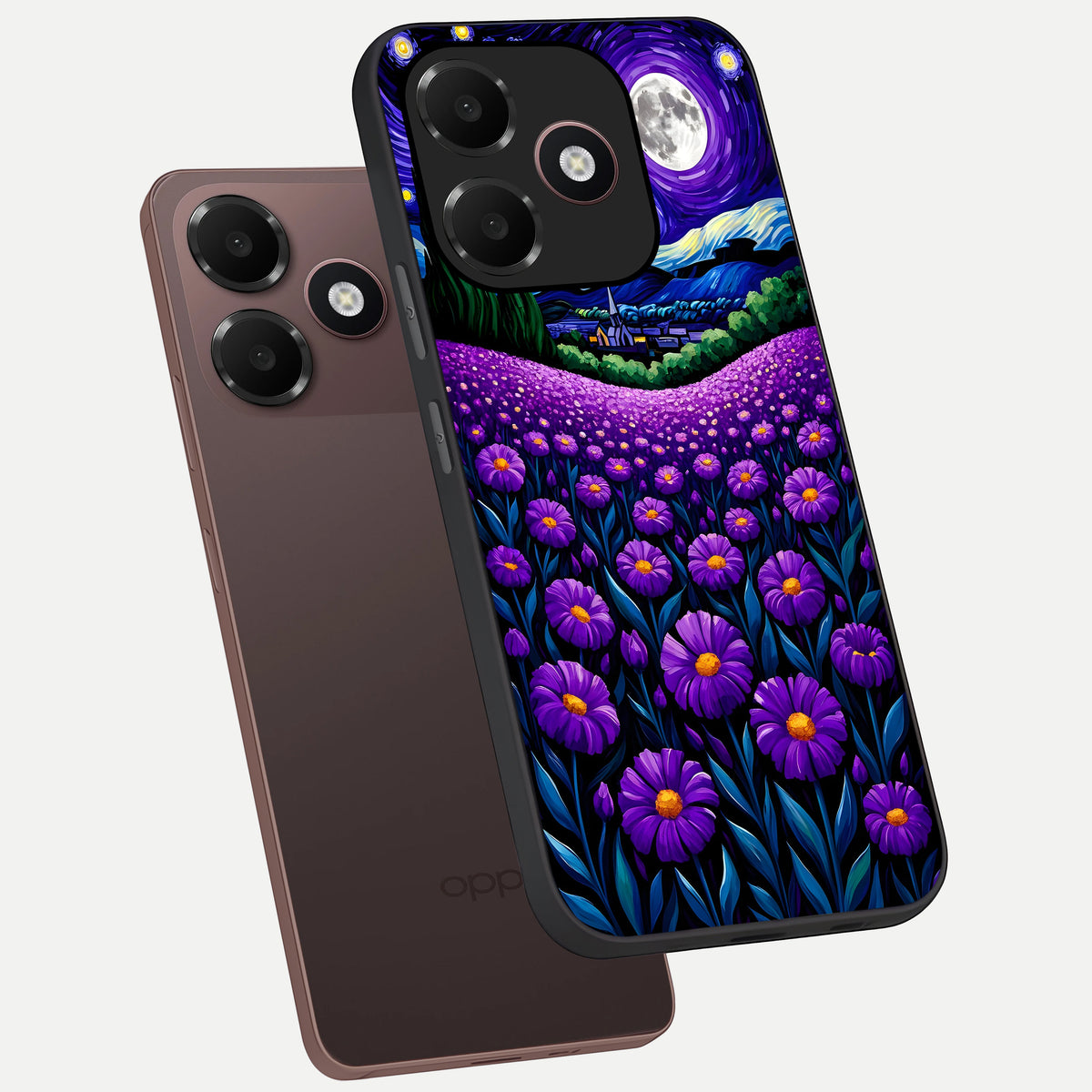 Lavender Moon Field phone case For Oppo A6C 5G showing premium glass back cover with detailed artwork