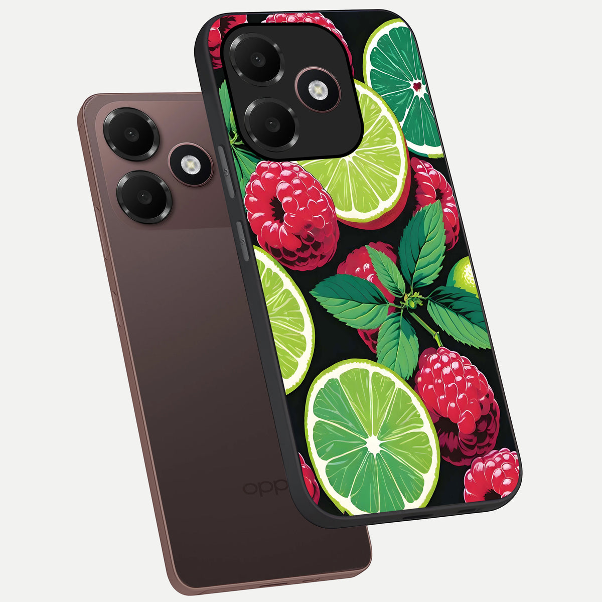  Lime and Raspberry Pattern phone case For Oppo A6C 5G showing premium glass back cover with detailed artwork