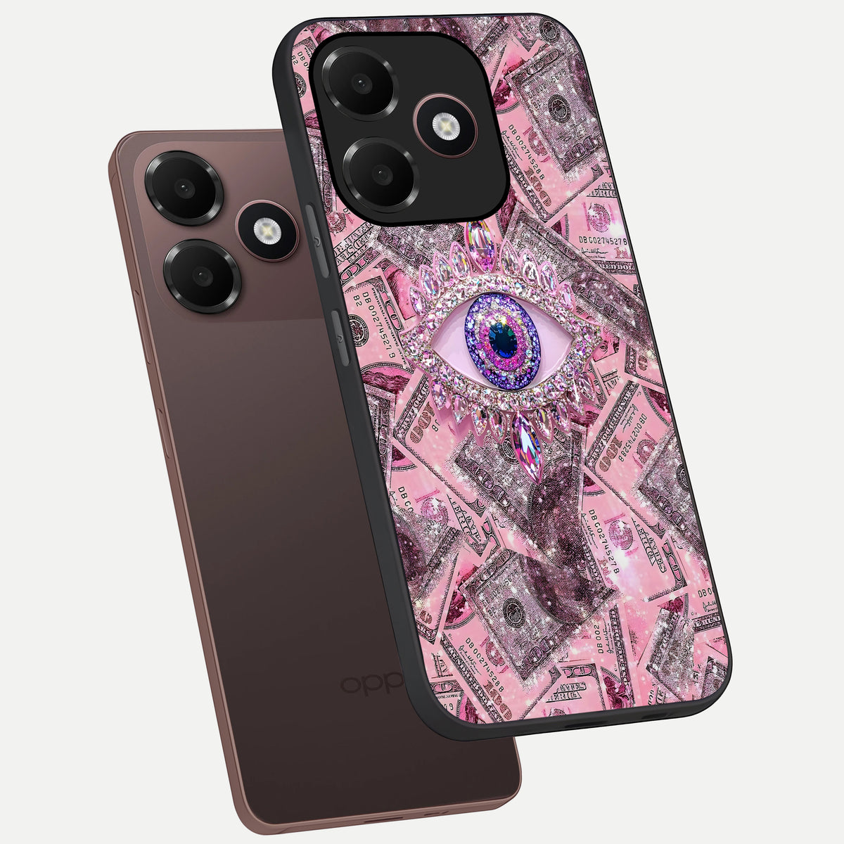 Money Eye Luxe phone case For Oppo A6C 5G showing premium glass back cover with detailed artwork