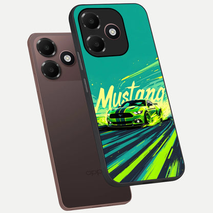  Mustang Bang phone case For Oppo A6C 5G showing premium glass back cover with detailed artwork