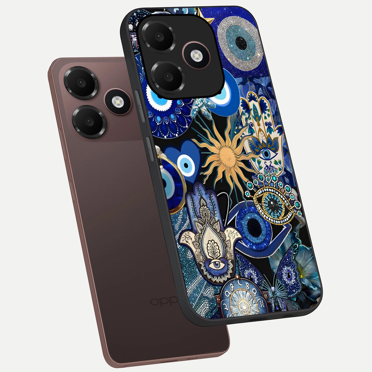  Mystic Blue Evil Eye phone case For Oppo A6C 5G showing premium glass back cover with detailed artwork