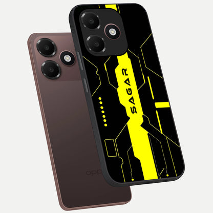  Neon CYBERPUNK Custom Name phone case For Oppo A6C 5G showing premium glass back cover with detailed artwork