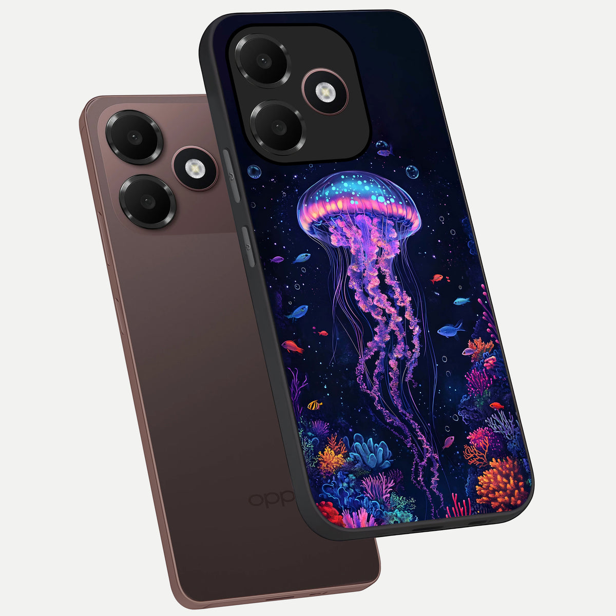 Neon Jellyfish phone case For Oppo A6C 5G showing premium glass back cover with detailed artwork