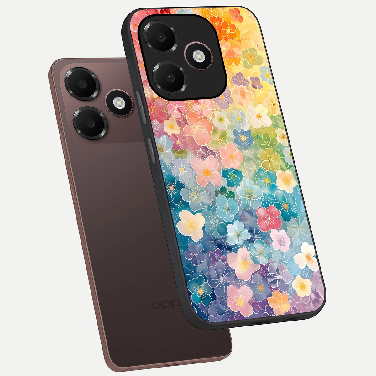  Rainbow Blossom Burst phone case For Oppo A6C 5G showing premium glass back cover with detailed artwork